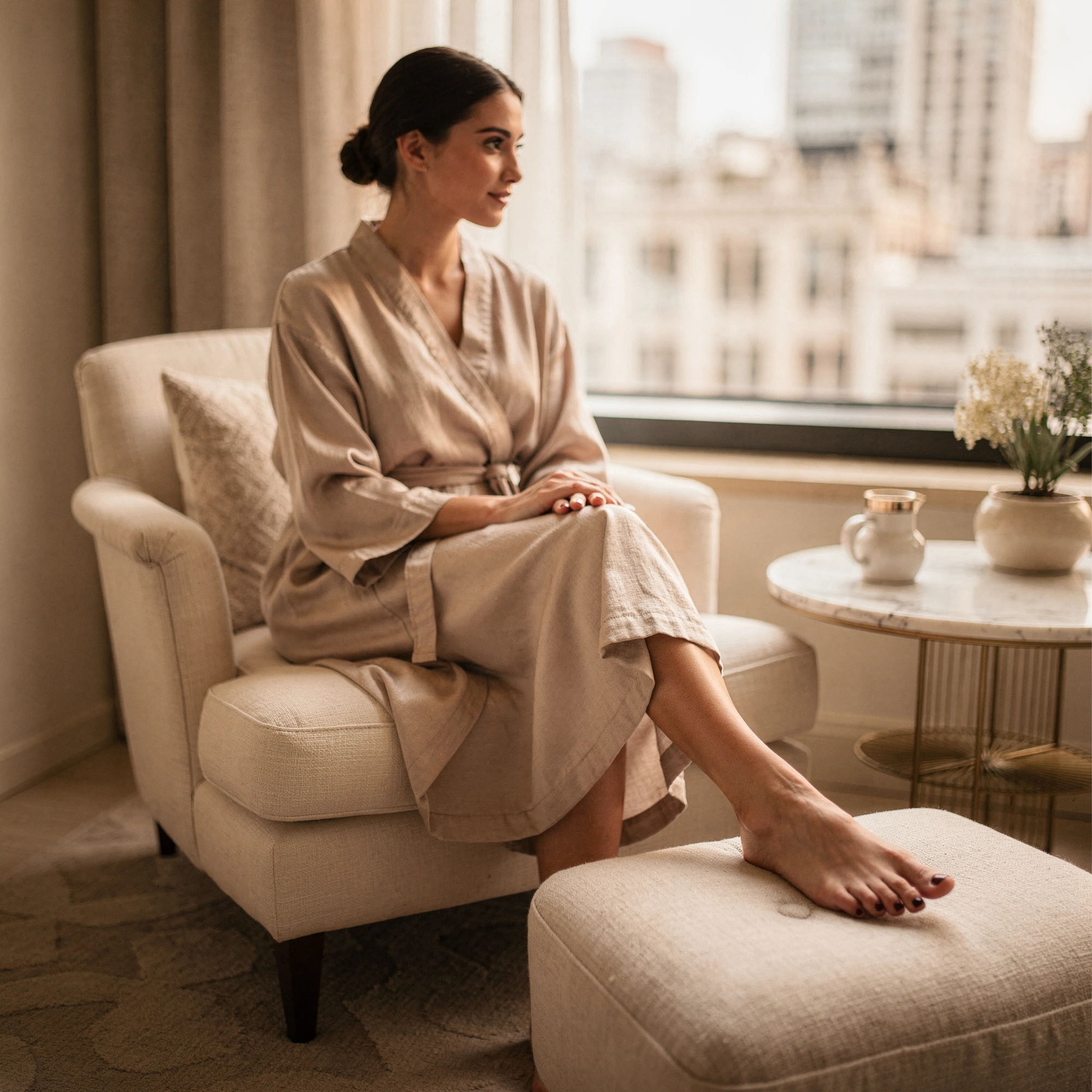 Woman seated in a cream armchair with feet extended, relaxed in a modern high-rise apartment overlooking Manhattan